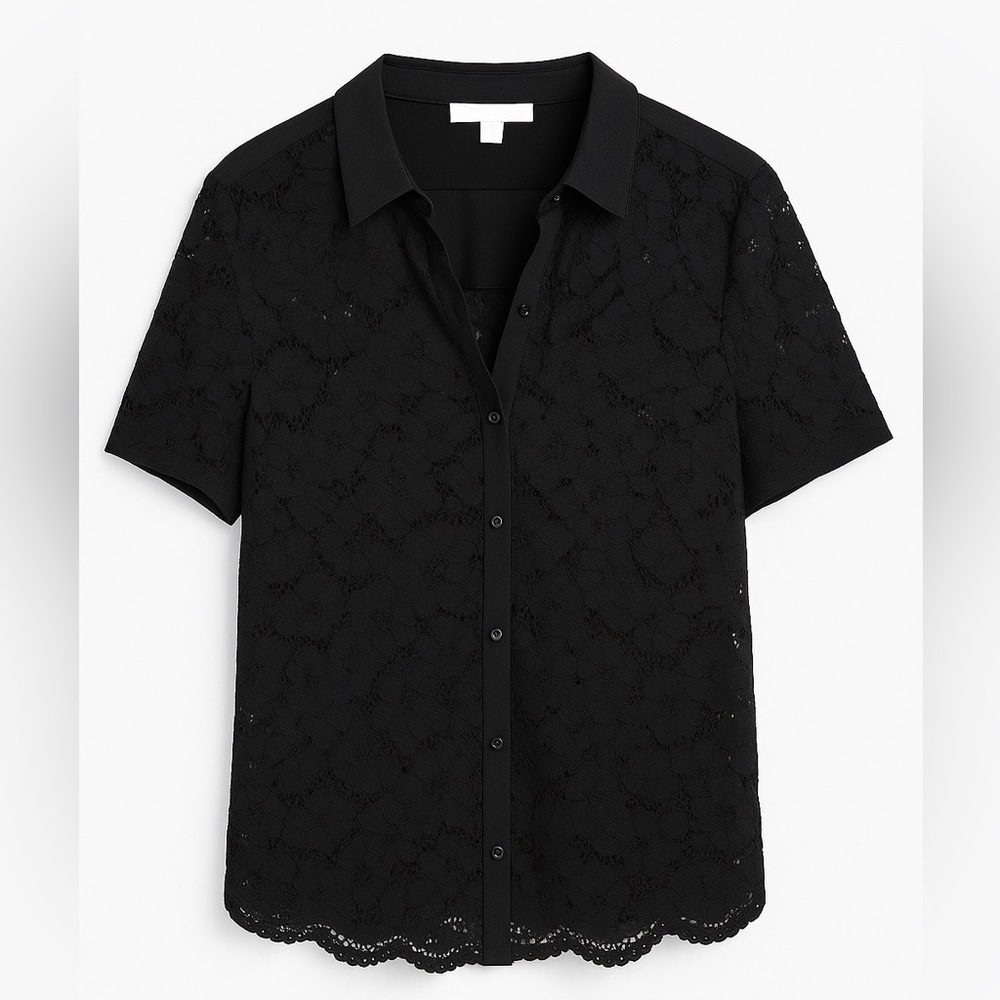 Nine black lace collared button-front blouse with sheer floral overlay. Size M